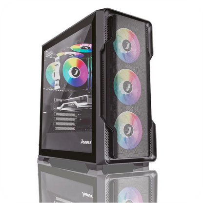 torre gamer Janus con ventilacion RGB, panel lateral en vidrio templado y tarjeta grafica GeForce RTX 