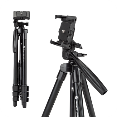 trípode fotopro negro portátil para camara y movil en posicion plegada y extendida