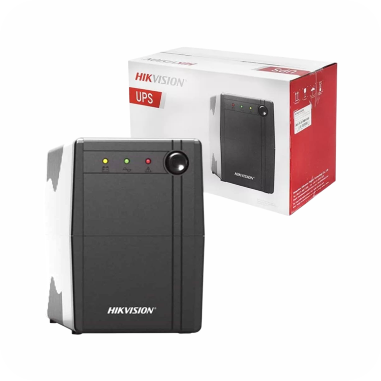 ups hikvision negra con indicadores led junto a su caja de presentacion 