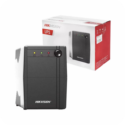 ups hikvision negra con indicadores led junto a su caja de presentacion 
