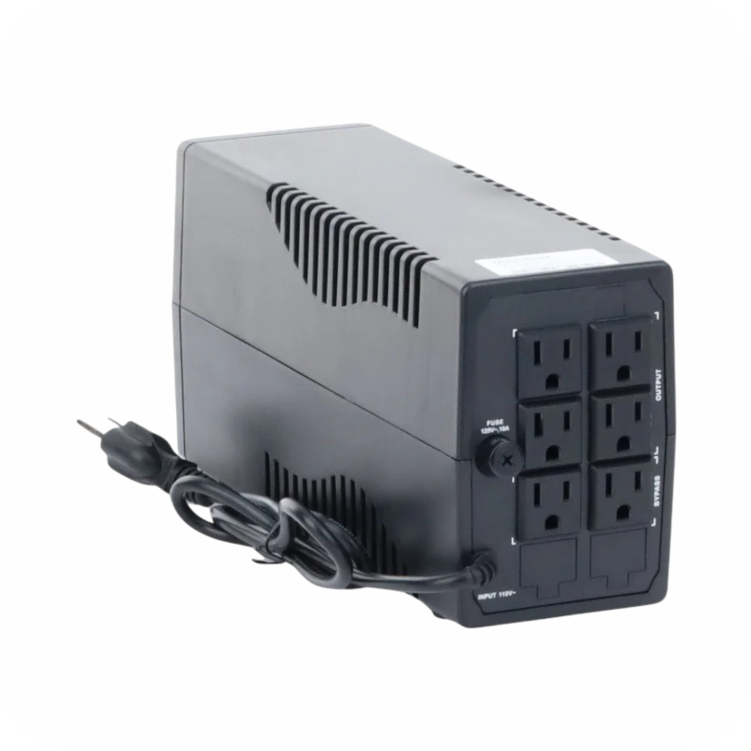vista trasera de Ups con multiples salidas de corriente , cable de poder y fusible de proteccion