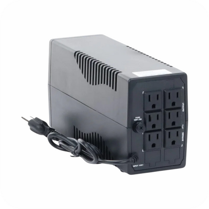 vista trasera de Ups con multiples salidas de corriente , cable de poder y fusible de proteccion