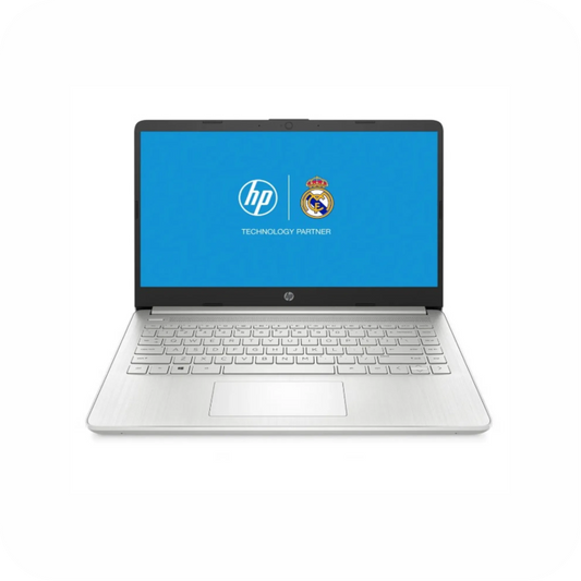 vista frontal de portatil hp de color plateado