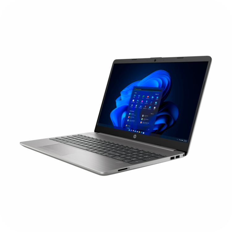 vista lateral de portatil hp plateado con pnatalla encendida