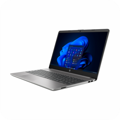 vista lateral de portatil hp plateado con pnatalla encendida