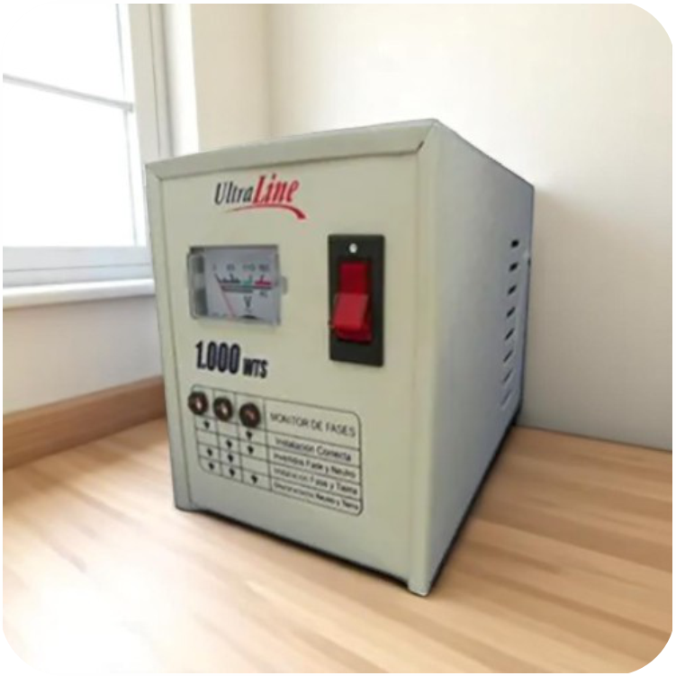 vista lateral de regulador de voltaje ultra line con indicador y bton de reinicio