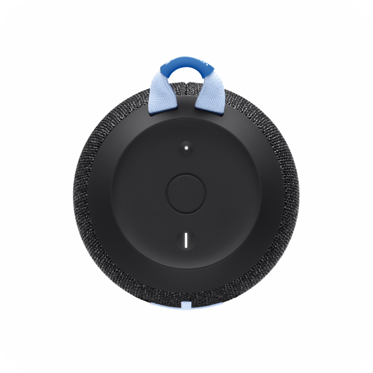 vista trasera del altavoz Logitech portátil con gancho azul y botones integrados para colgarlo fácilmente y controlar funciones